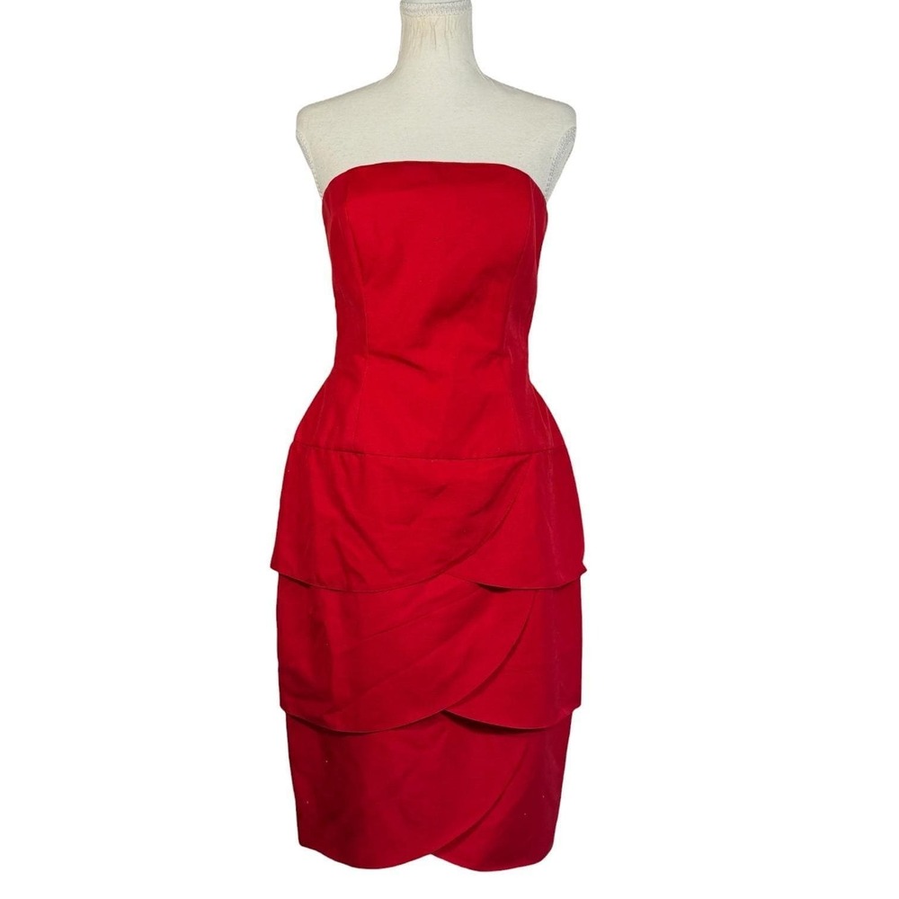 1980s A.J. Bari‎ Cocktail Dress 8 Red Silk Tiered Scalloped Strapless Vintage